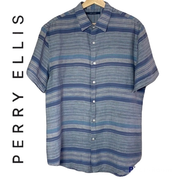 Perry Ellis blue striped short sleeve men’s shirt size L - Picture 1 of 11